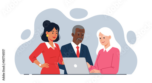 Diverse team of professionals collaborating on a laptop, perfect for website banners or business presentations.