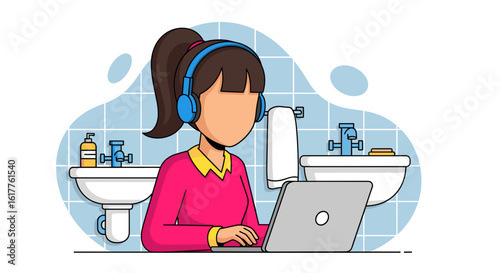 Woman working on laptop in bathroom, ideal for articles on remote work, work-life balance, or multitasking.