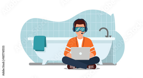 Man working on laptop in bathroom, perfect for articles about remote work, work-life balance, or modern lifestyle.