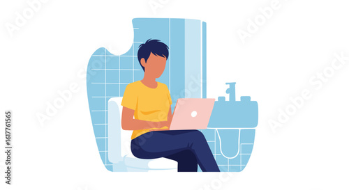 Person working on laptop in bathroom -  illustration for blog, website or social media.