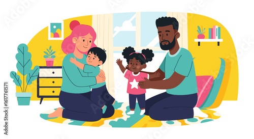 Happy diverse family with two young children at home, perfect for family, parenting, or diversity content.