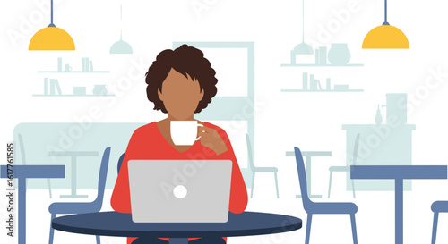 Woman working on laptop in cafe, perfect for website banners or blog posts about remote work or coffee shop culture.