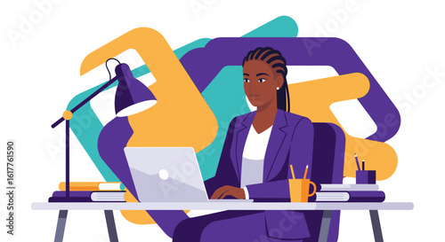 Black businesswoman working on laptop, perfect for websites and marketing materials promoting diversity and inclusion.