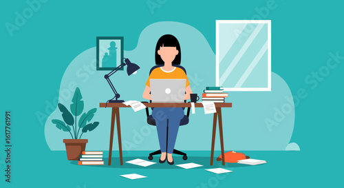 Busy woman working from home, perfect for illustrating remote work, freelance, or productivity concepts on websites and brochures.