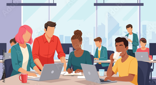 Diverse team of professionals collaborating in a modern office setting. Ideal for websites, presentations, and marketing materials.