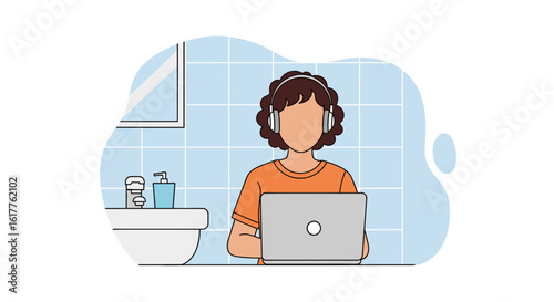 Person working on laptop in bathroom, perfect for blog post on work-life balance or remote work.