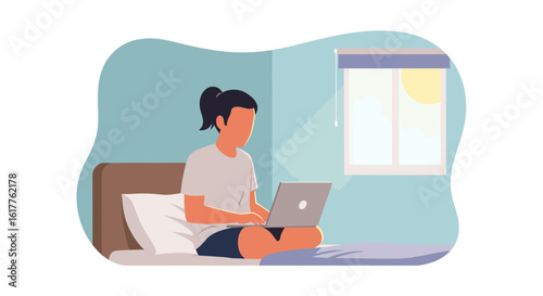 Woman working on laptop in bed, perfect for websites or blog posts about work-life balance, remote work, or morning routines.