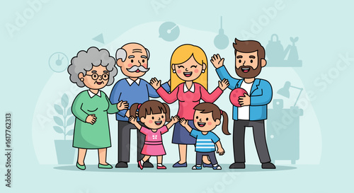 Happy multigenerational family illustration for websites, brochures, and family-themed projects.