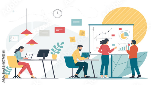 Teamwork and data analysis: Illustration of a collaborative office environment perfect for business presentations and reports.