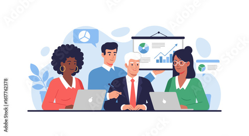 Diverse business team collaborating on project, perfect for website landing pages or presentations.