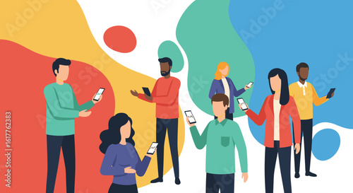Diverse group of people using smartphones, ideal for website banners or app marketing.