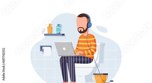 Man working on laptop while sitting on toilet, illustration for blog post or article about remote work.