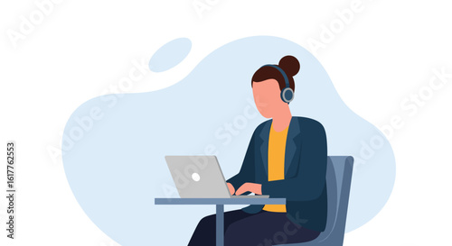 Person working on laptop with headphones, perfect for website banners or blog illustrations.