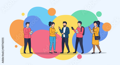 Diverse group of people using smartphones and tablets, perfect for website banners or app promotions.