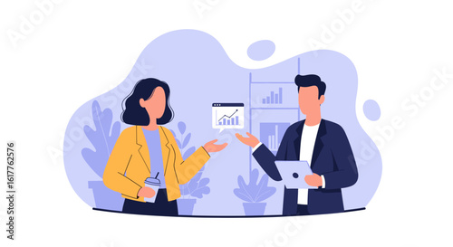 Business colleagues discussing growth charts, ideal for presentations or reports.