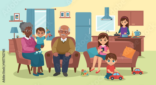 Happy multigenerational family at home, perfect for family, togetherness, and generational concepts.