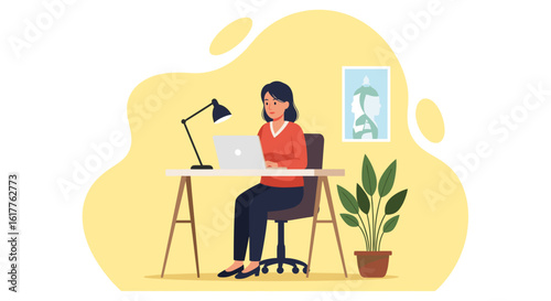Woman working on laptop at home office, perfect for website banners or blog posts about remote work.