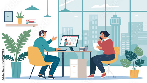 Modern office workers collaborating remotely, perfect for website banners or business presentations.
