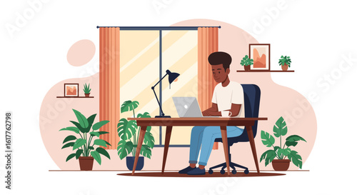Young man working from home on laptop, surrounded by plants. Ideal for blog posts, websites, and articles about remote work.