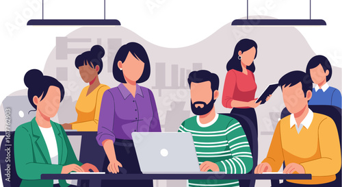 Diverse team of professionals working collaboratively in a modern office setting. Ideal for websites, presentations, and marketing materials.