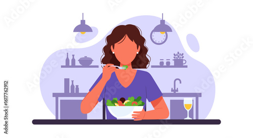 Woman enjoying a healthy salad at home - perfect for healthy eating blogs or recipe websites.