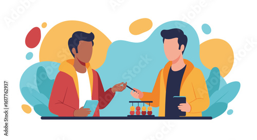 Two diverse colleagues collaborating on a project, using mobile devices and a Newton's cradle. Ideal for websites, presentations, and marketing materials.