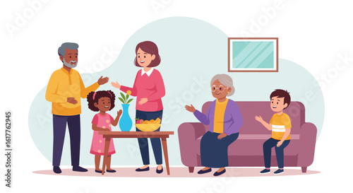 Happy multigenerational family gathering at home, perfect for family, togetherness, and generational connection themes.