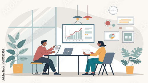 Diverse colleagues collaborating on a project, reviewing data and graphs in a modern office setting. Ideal for presentations, reports, and websites.