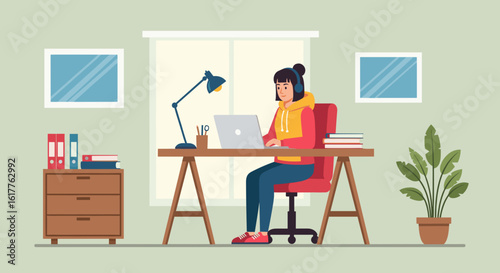 Young woman working from home on laptop, perfect for remote work, online education, or freelance lifestyle blogs.