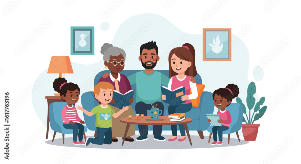 Happy multigenerational family reading together at home. Ideal for family, togetherness, and education marketing materials. Happy multigenerational family reading together at home. Ideal for family, togetherness, and education marketing materials.