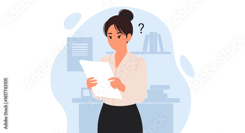 Confused businesswoman reviewing documents - perfect for websites, blogs, or presentations about problem-solving or decision-making.