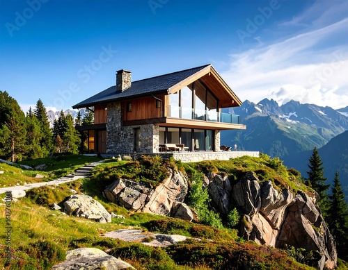 Modern mountain chalet nestled in alpine landscape