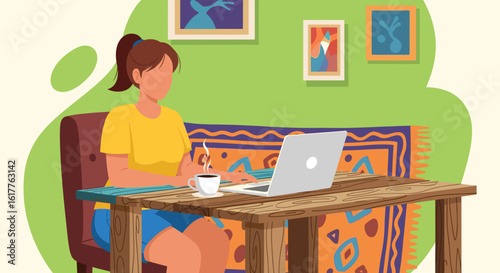 Woman working on laptop from home, perfect for remote work, freelance, and work-from-home blogs and websites.