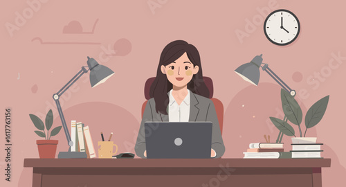 Smiling businesswoman working on laptop at her desk, perfect for website banners or blog posts about work-life balance.