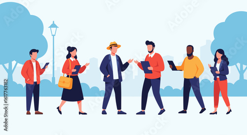 Diverse group of young professionals collaborating outdoors, ideal for a business brochure or website.