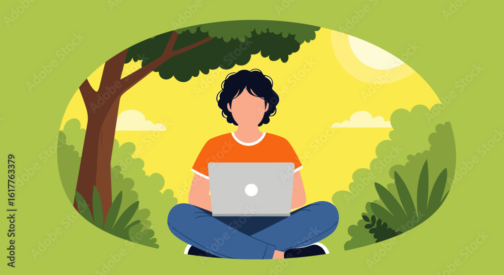 Fototapeta premium Person working on laptop in a park, perfect for blogs about remote work, nature, or technology.