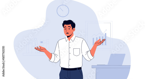 Confused businessman looking at charts and graphs, perfect for presentations on uncertainty or decision-making.