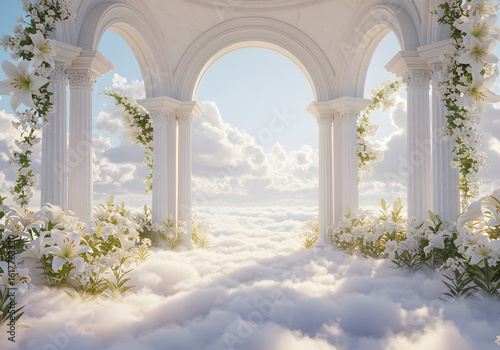 Serene White Architecture with Flowers, Clouds and Heavenly Sky. Elegant Floral Arches. Romantic Scene.