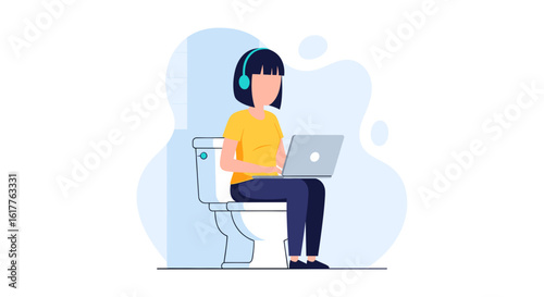 Woman working on laptop while sitting on toilet - Illustration for blog, article or social media.