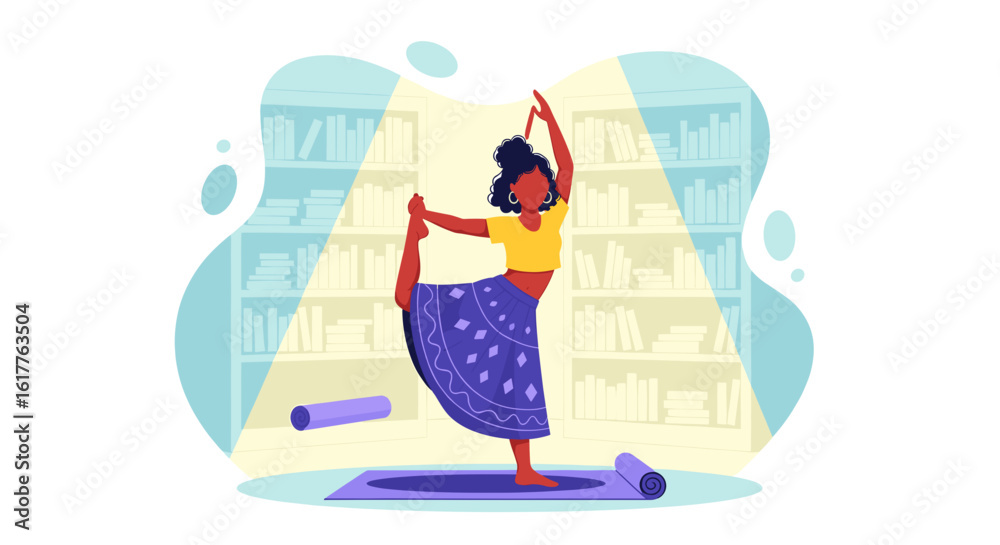 Obraz premium Woman practicing yoga at home, perfect for wellness websites and brochures.