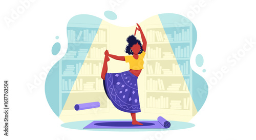 Woman practicing yoga at home, perfect for wellness websites and brochures.