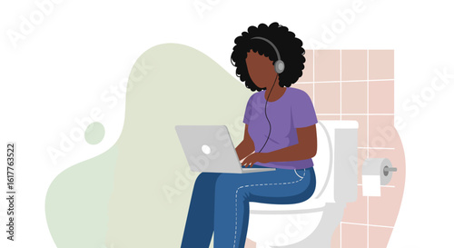Woman working on laptop while sitting on toilet, illustration for blog post or social media.