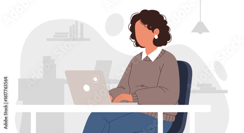 Woman working on laptop in modern office, ideal for website banners or marketing materials.