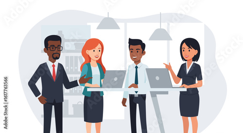 Diverse business team collaborating on laptops, perfect for website banners or presentations.