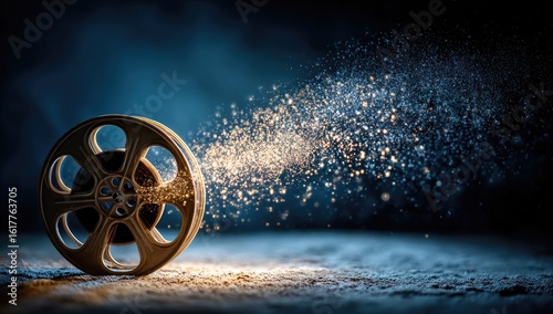 Vintage film reel with glowing particles