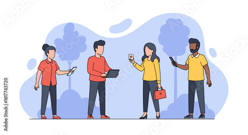 Diverse group of people using digital devices outdoors, perfect for website banners or app marketing.