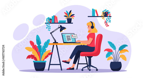 Woman working from home on laptop, perfect for blog posts about remote work or online education.