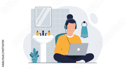 Woman working on laptop in bathroom, perfect for blog posts about work-life balance or remote work.