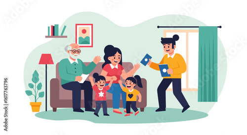 Happy multigenerational family at home, perfect for family, togetherness, and generational connection themes.