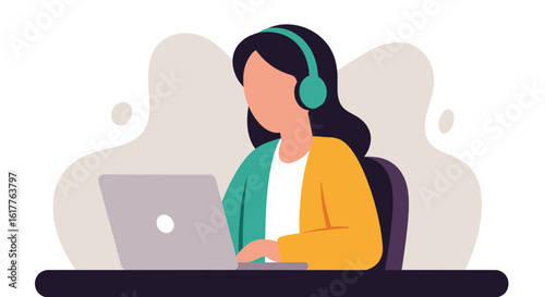 Woman using laptop with headphones, perfect for website banners or blog posts about remote work.